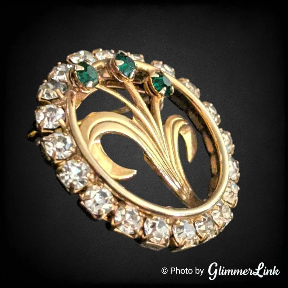 Vintage Mid Century Gold Tone Floral Clear & Green Rhinestone Circle Brooch